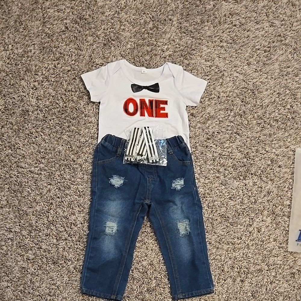 Toddler Baby Boy Birthday Clothes Set Bowtie Romper Suspenders Ripped Denim Pant